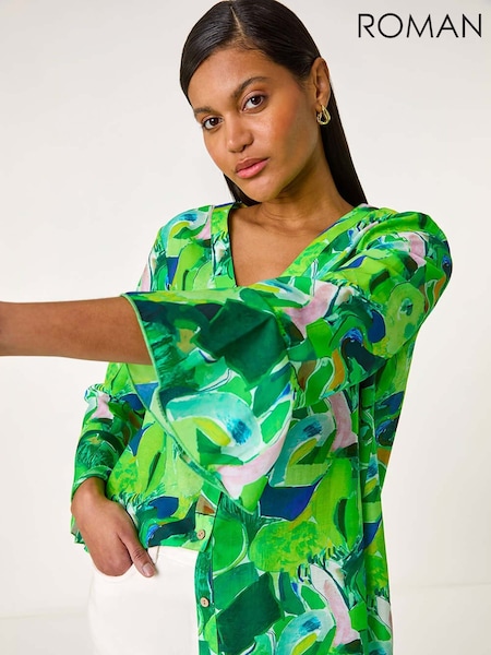 Roman Green Abstract Print Flared Blouse (F92233) | €48