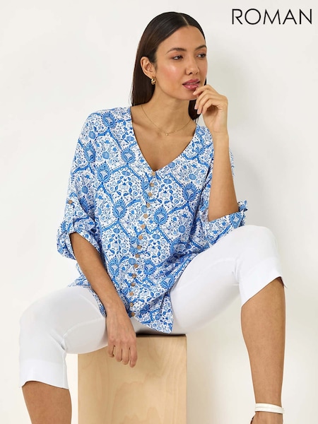 Roman Blue Floral Printed Button Detail Top (F92242) | 2,403 UAH