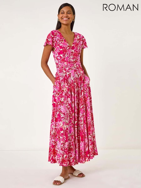 Roman Pink Floral Ruched Waist Maxi Dress (F92245) | €74