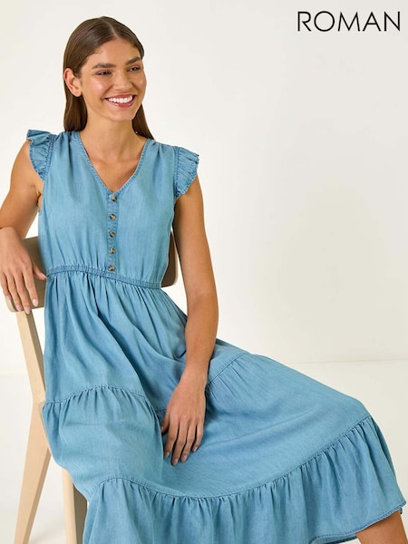 Roman Blue Tiered Frill Sleeve Midi Dress (F92246) | €60