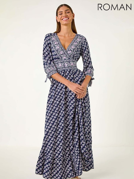 Roman Blue Floral Border Print Maxi Dress (F92267) | €83