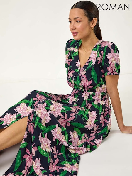 Roman Pink Floral Shirred Maxi Dress (F92268) | €74