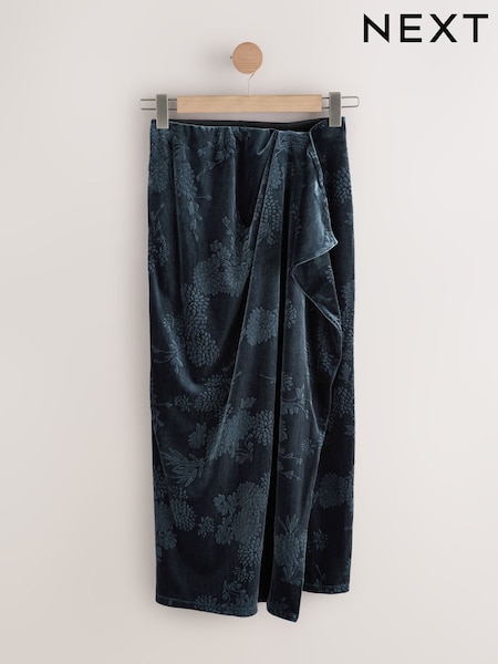 Navy Embossed Velvet Draped Midi Skirt (F92273) | 242 QAR