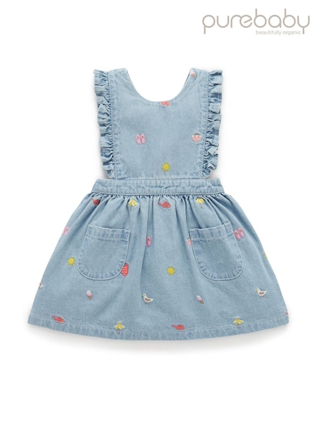 Purebaby Blue 100% Cotton Embroidered Pinafore Dress (F92303) | R$ 375