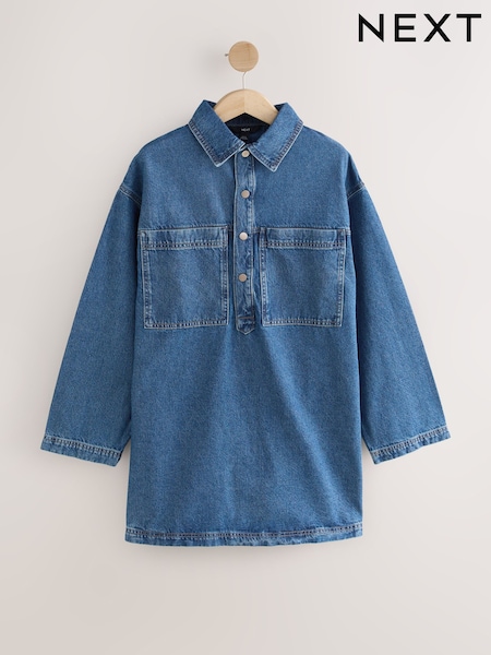 Mid Blue Mini Long Sleeve Utility Denim Dress (F92323) | €45