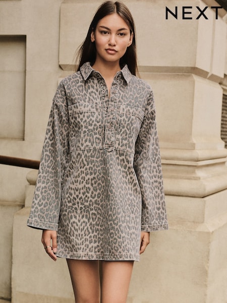 Leopard Print Mini Long Sleeve Utility Denim Dress (F92330) | €54