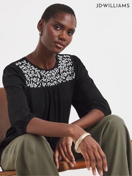 JD Williams Black Floral Embroidered Blouson Longline Top (F92539) | €35