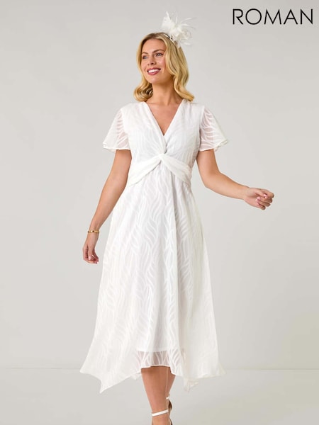 Alb - Roman Mărime mică Front Twist Jacquard Rochie (F92714) | 484 LEI