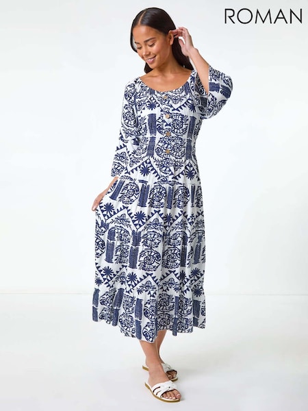 Roman Blue Petite Abstract Print Button Midi Dress (F92715) | €58