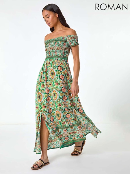 Roman Green Petite Abstract Bardot Midi Dress (F92719) | €58