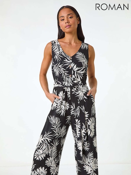 Roman Black Petite Leaf Print Cropped Jumpsuit (F92723) | € 78