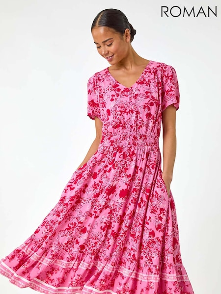 Roman Pink Petite Floral Print Border Midi Dress (F92733) | €69