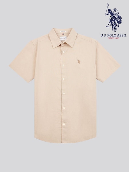 Бежевий - U.S. Polo Assn. Чоловічий льон Blend з коротким рукавом сорочки (F92840) | 3 605 грн