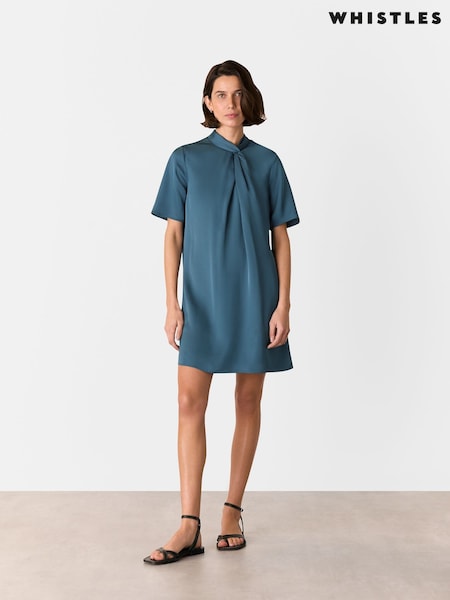 Whistles Blue Cara Twist Neck Mini Dress (F93191) | €213