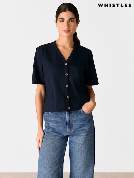 Whistles Blue Ella V-Neck Button Through 100% Cotton T-Shirt (F93203) | ₪277