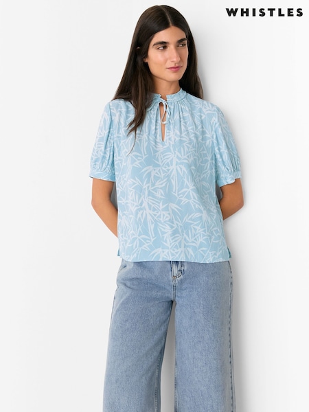 Whistles Blue Bamboo Leaves Tie Neck Blouse (F93210) | ₪448