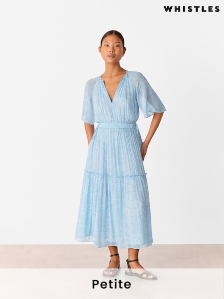 Whistles Blue Petite Bamboo Leaves Gathered Dress (F93222) | €253