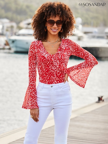 Sosandar Red Spot Print Mesh Ruffle Detail Wrap Blouse (F93500) | 2,704 UAH