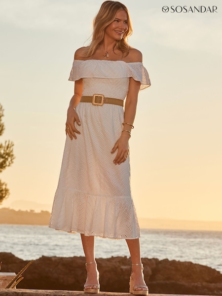 Sosandar White Broderie Detail Belted Bardot 100% Cotton Dress (F93609) | €105
