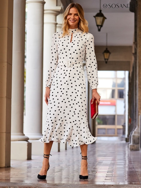 Sosandar Petite Spot Print Keyhole Detail Belted Fit & Flare Dress (F93664) | €99
