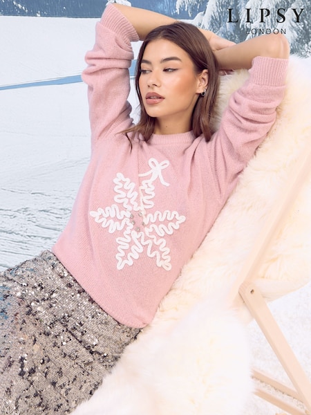 Pink Snowflake - Lipsy Christmas Crew Neck Knitted Jumper (F93742) | R$ 355