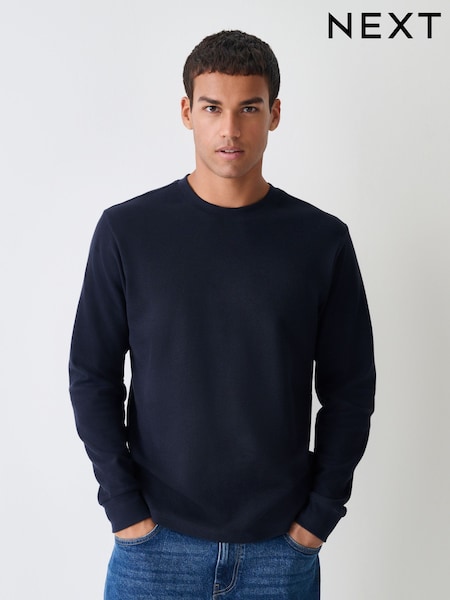 Navy Micro Waffle Long Sleeve T-Shirt (F93748) | 79 QAR