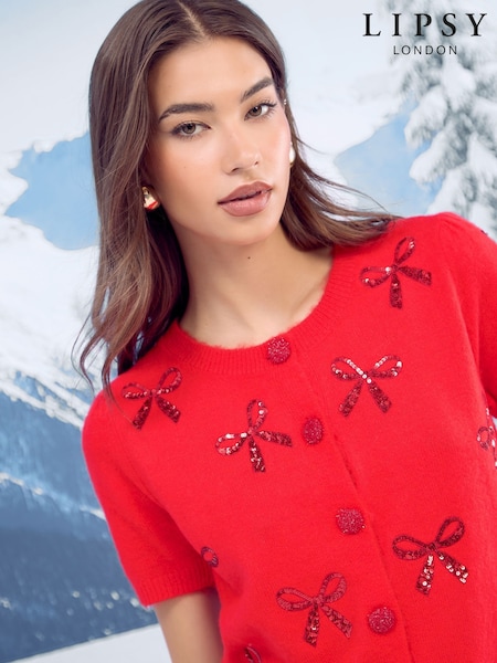 Lipsy Christmas Short Sleeve Buttoned Knitted Cardigan (F93749) | R$ 415