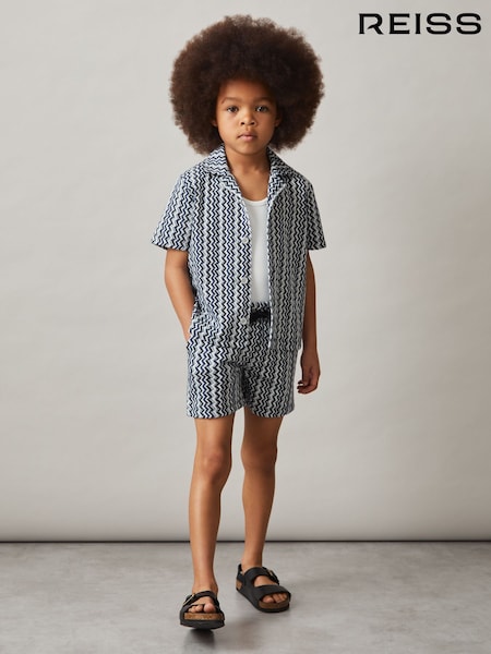 Reiss Blue Vallatta 9-13 yrs Zig-Zag Knit Cuban-Collar Shirt (F93813) | €45