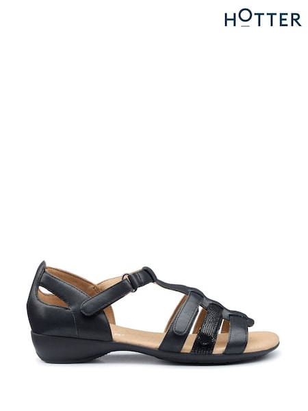 Hotter Black 100% Cotton Regular Fit Solei Touch-Fastening Sandals (F93847) | €130