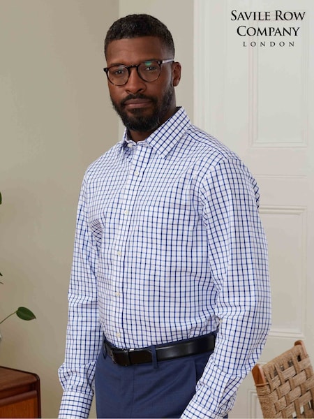 The Savile Row Company Blue 100% Cotton Check Classic Fit Non-Iron Single Cuff Formal Shirt (F93867) | €86