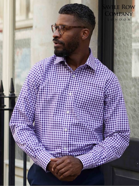 The Savile Row Company Purple 100% Cotton Gingham Check Classic Fit Single Cuff Formal Shirt (F93870) | €73