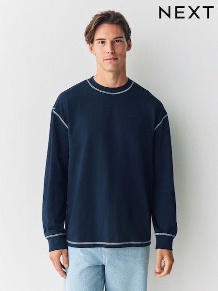 Navy Blue Contrast Stitch Long Sleeve Relaxed Fit Heavyweight T-Shirt (F93950) | €23.50