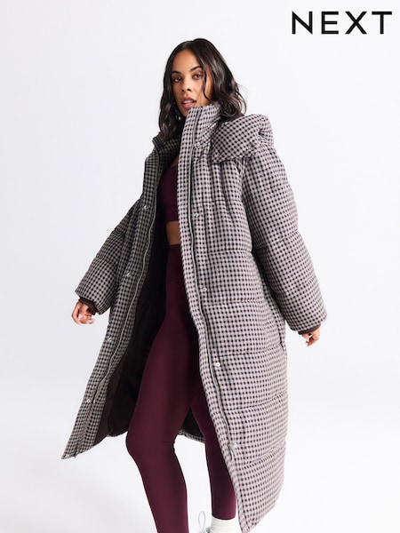 Chocolate Brown Long Padded Check Coat (F94017) | R$ 940