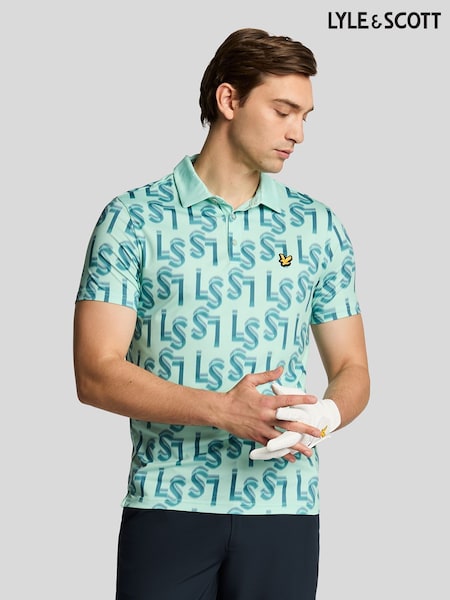 Lyle & Scott Green Long Sleeve Monogram Printed Polo Shirt (F94373) | R$ 590