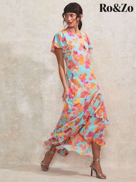 Ro&Zo Blue Blurred Floral Frill Sleeve Dress (F94414) | €222