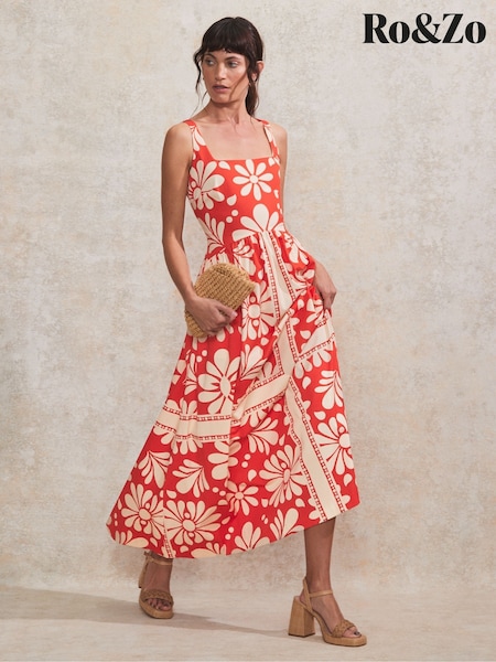 Ro&Zo Red Raya Placement Square Neck Cotton Dress (F94421) | €197