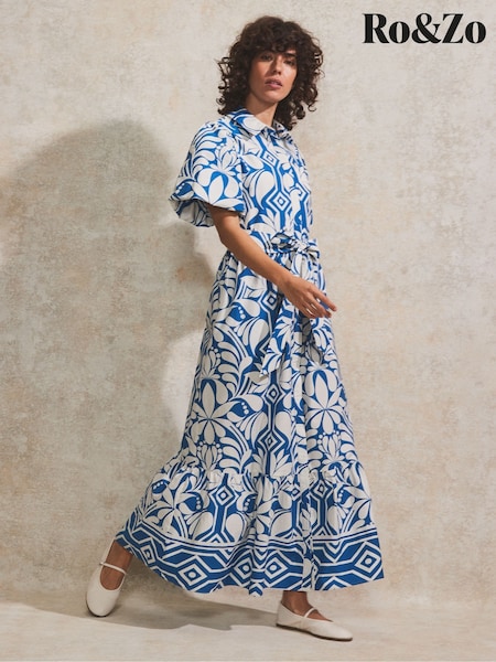 Ro&Zo Blue Tile Printed 100% Cotton Shirt Dress (F94425) | €199