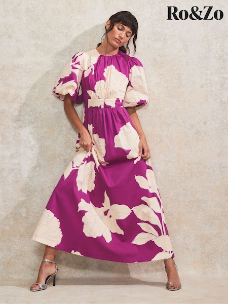 Ro&Zo Purple Seraphina Floral Puff Sleeve Dress (F94430) | R$ 1,965