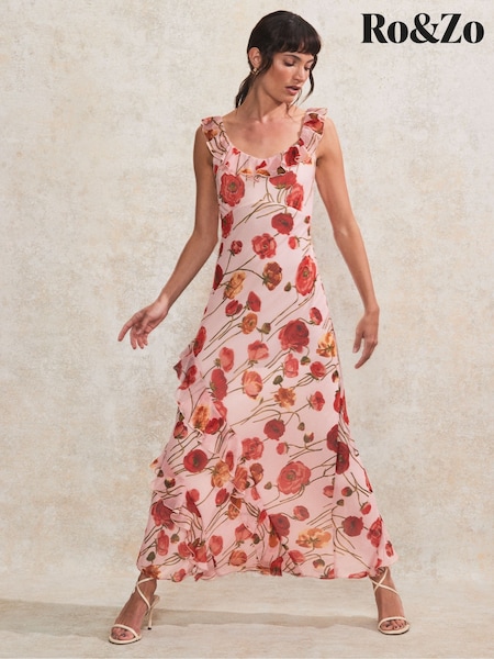 Ro&Zo Pink Poppy Printed Frill Neck Dress (F94436) | ₪850
