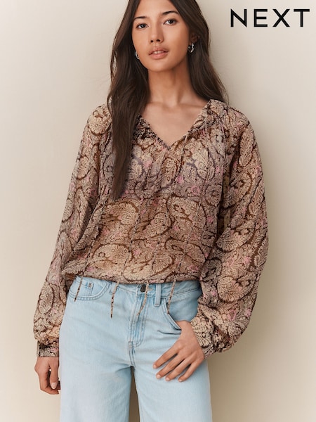 Brown/Pink Paisley Print Sheer Tie Neck Long Sleeve Blouse (F94710) | €30