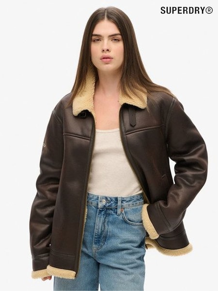 Superdry Brown Oversized Faux Fur Shearling Aviator Jacket (F94897) | €173