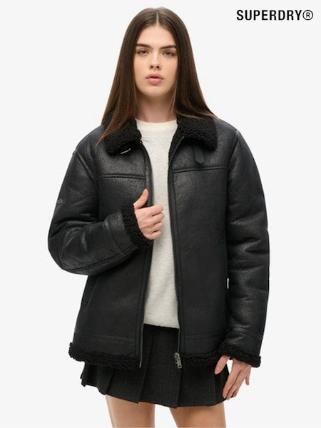 Superdry Black Oversized Faux Fur Shearling Aviator Jacket (F94921) | €173