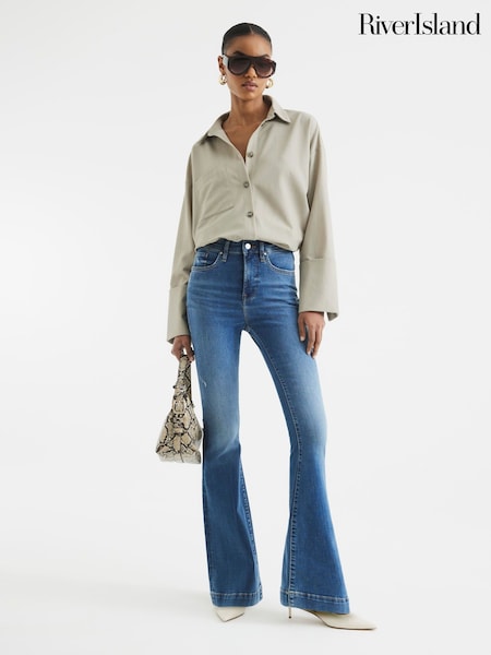 River Island Blue Denim High Rise Tummy Hold Flare Jeans (F94988) | €79