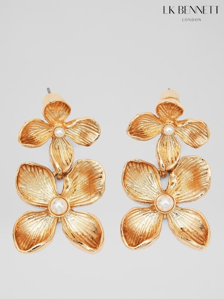 LK Bennett Natural Blossom Pearl & Gold Double Flower Studs (F94991) | ₪246