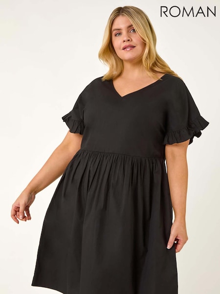 Roman Black Curve 100% Cotton V-Neck Frill Dress (F95095) | €68