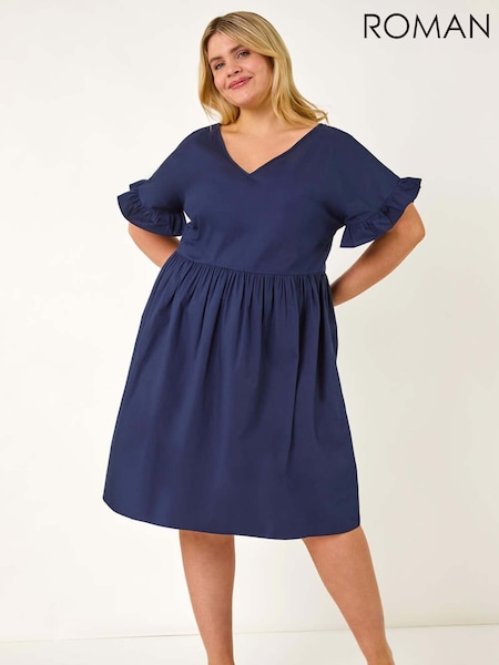 Roman Blue Curve 100% Cotton V-Neck Frill Dress (F95101) | €71