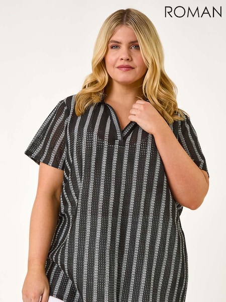 Roman Curve Stripe Collared Knit Top (F95105) | ‏264‏₪
