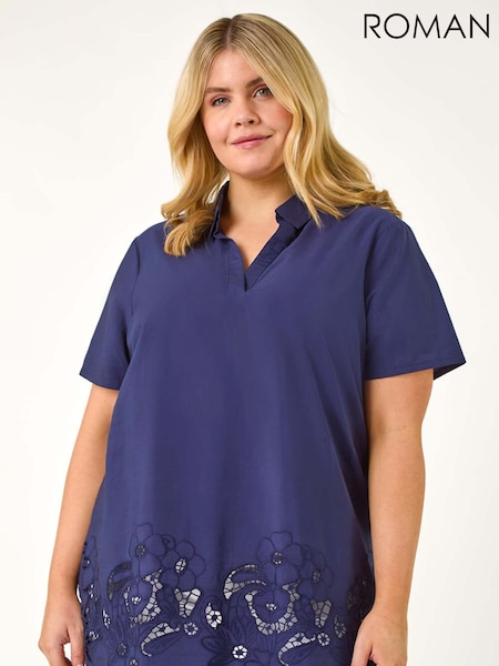 Albastru - Top țesut cu Floral mărimi mari Roman (F95124) | 335 LEI