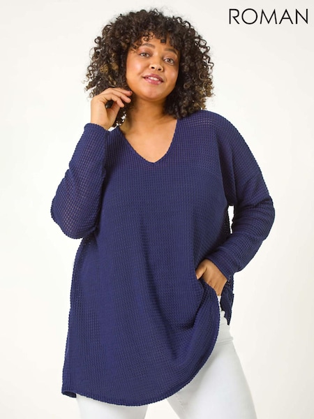Roman Blue Curve Textured Knit V-Neck Tunic (F95125) | AZN 123