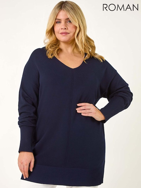 כחול  - Roman Curve V-Neck Relaxed Jumper (F95126) | ‏264‏₪